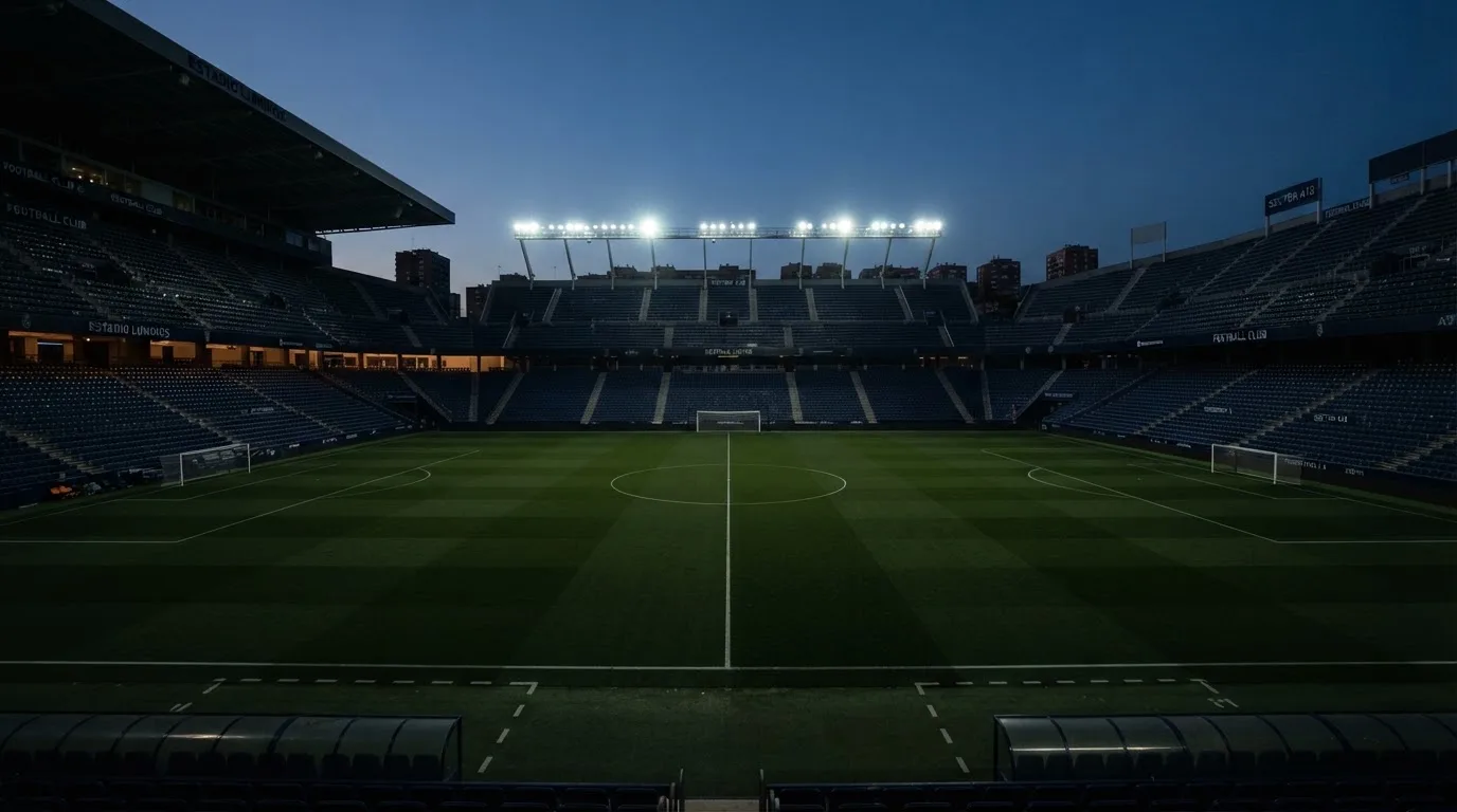 Een leeg voetbalstadion met lichtmasten bij schemering