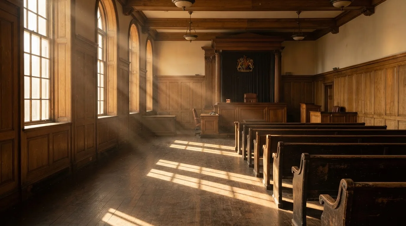 Een lege rechtszaal met houten banken in het ochtendlicht