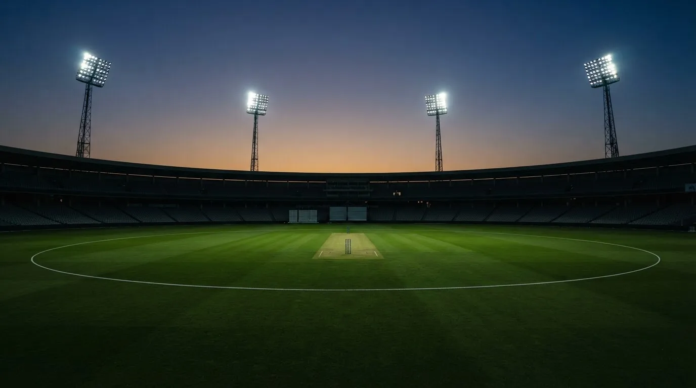 Een leeg voetbalstadion met lichtmasten bij schemering