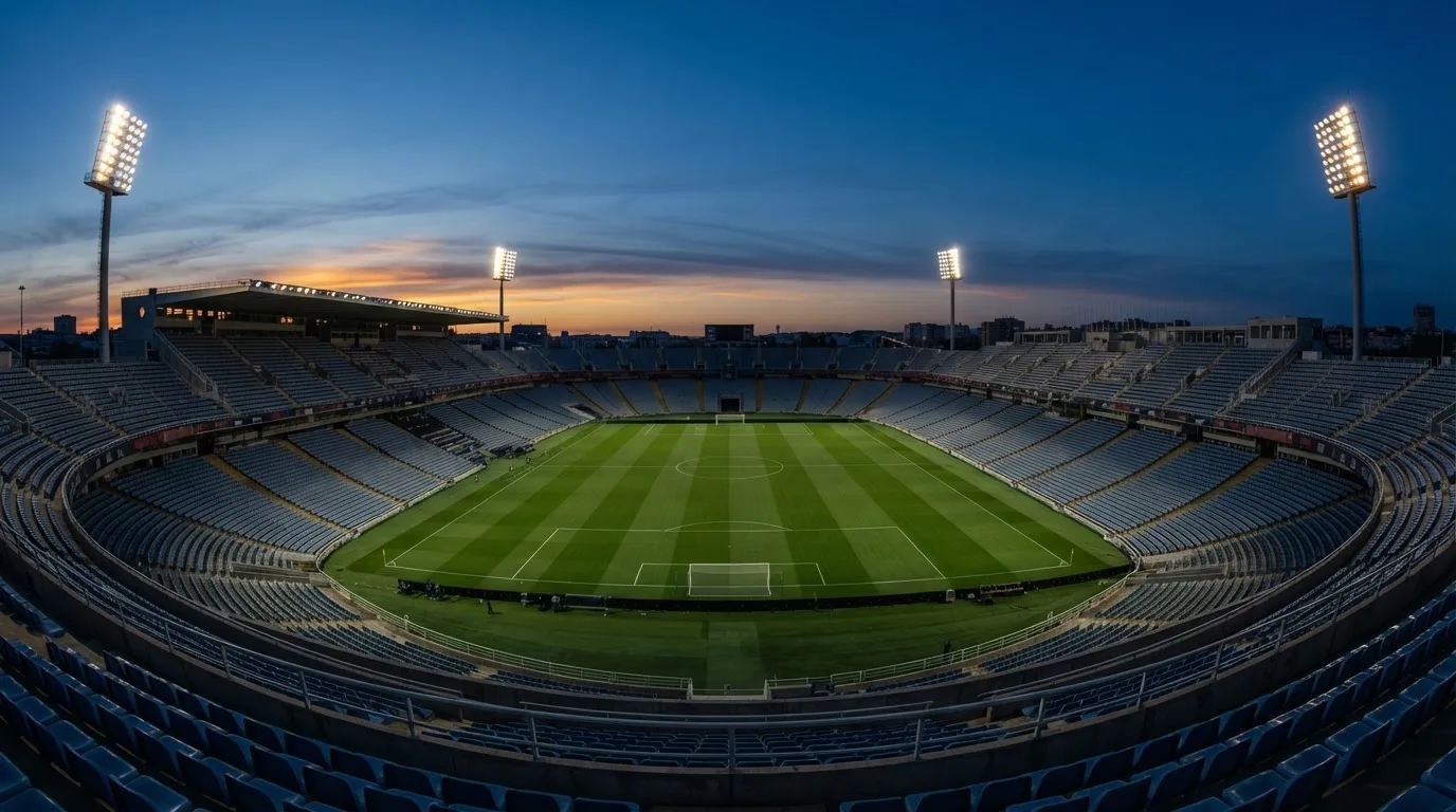 Een leeg voetbalstadion met lichtmasten bij schemering