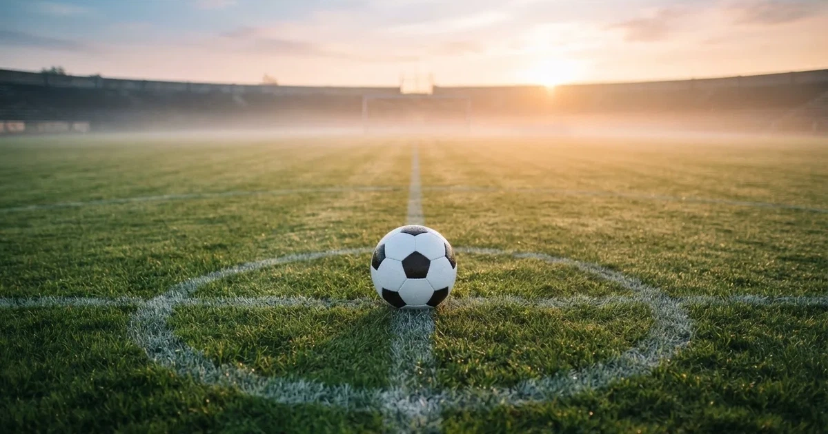 Een voetbal op de middenstip van een grasveld in het ochtendlicht