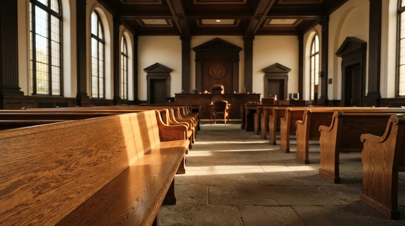 Een lege rechtszaal met houten banken in het ochtendlicht