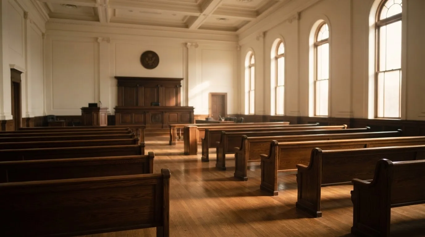 Een lege rechtszaal met houten banken in het ochtendlicht